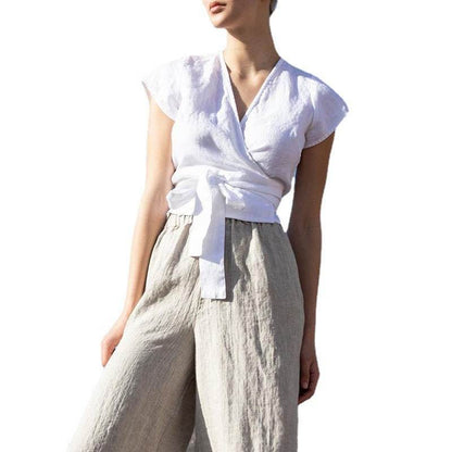 Casual Summer Lace-up Cotton Linen V-neck Top Short-sleeved blouse top women