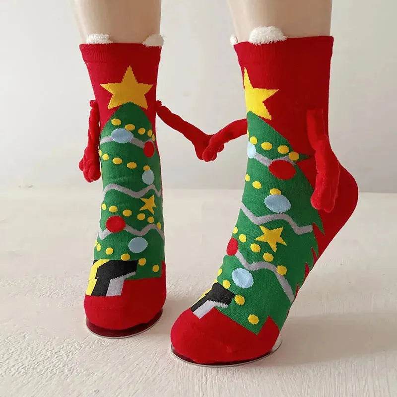 Christmas Magnetic Socks Cute Elk Santa Claus Snowman Hand-holding Socks For Couple - www.Shopthatapp.com
