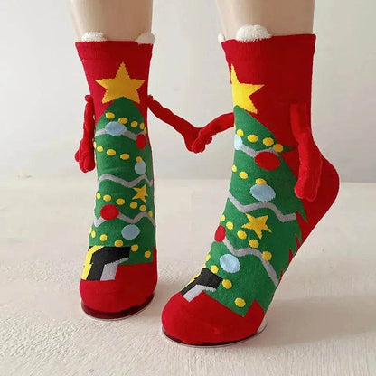 Christmas Magnetic Socks Cute Elk Santa Claus Snowman Hand-holding Socks For Couple - www.Shopthatapp.com