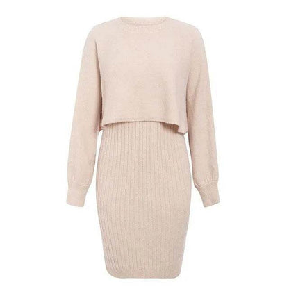 Women 2pcs Winter Outfit Cashmere dress Cropped Pullover top - www.Shopthatapp.com