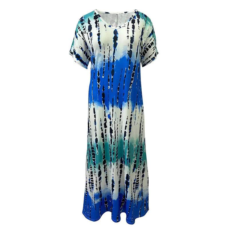 Women's Summer Tie Dye Maxi Dress Short Sleeve V Neck Casual Loose Long Split Dresses - www.Shopthatapp.com