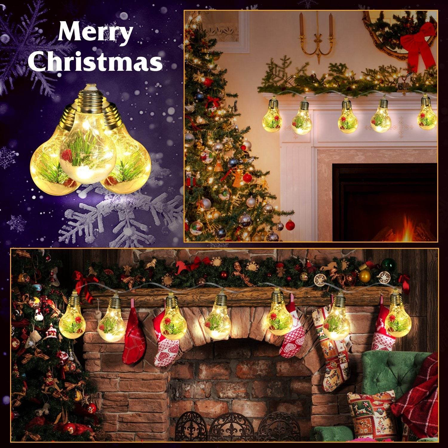 1Pc 13.78FT Christmas Snow Globe String Light Battery Powered 10 LED Bulbs Indoor Christmas Lights With Pine Needles Snowflakes Berries - www.Shopthatapp.com