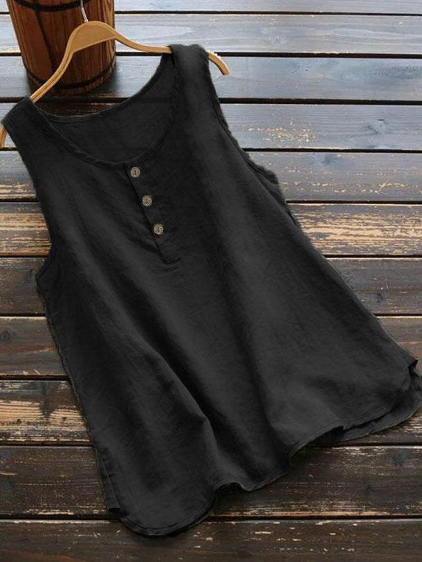 Solid Color Round Neck Loose Casual Vest Cotton Linen summer blouse top for Women - www.Shopthatapp.com