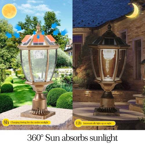 Vintage Gold Solar Pillar Headlight With Dimmable LED-2 Pack Landscape Pathway Light - www.Shopthatapp.com