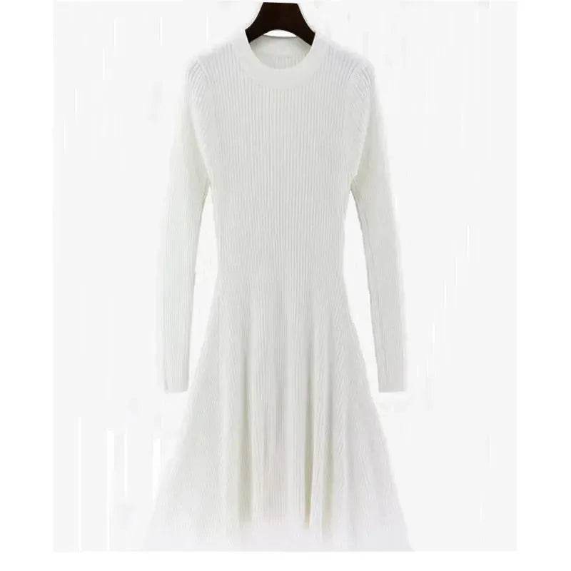Autumn Winter Round neck Slim fit Mini Flared Sweater Dress - www.Shopthatapp.com