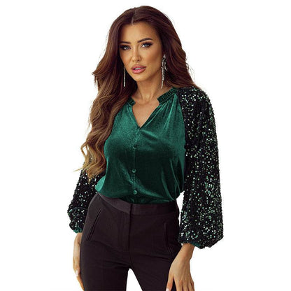 Elegant Fashion Sequined Long sleeve Suede V-neck Blouse top  women - www.Shopthatapp.com