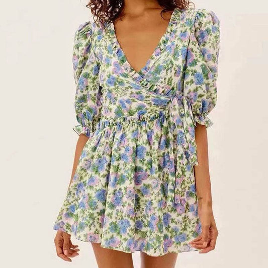Women Summer Green Floral Chiffon Dresses Holiday Puff Short Sleeve V-Neck Back Lace Up Design Wrap One Piece Dress - www.Shopthatapp.com