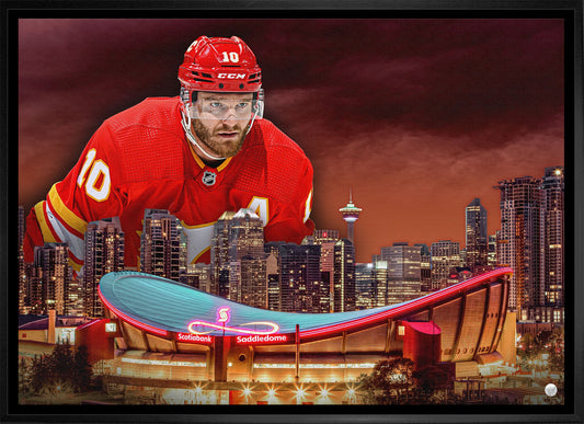 Jonathan Huberdeau 20x29 Framed Canvas Flames Skyline-H - www.Shopthatapp.com