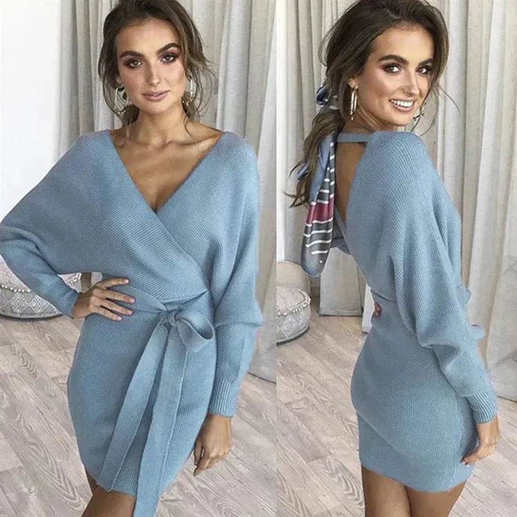 Autumn Winter Slim Fit V-neck Mini Wrap Sweater Dress - www.Shopthatapp.com