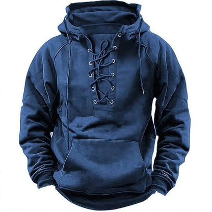 Men's Outdoor Retro Lace-up Hooded Long-sleeved T-shirt Casual Pullover top sweatshirt - www.Shopthatapp.com