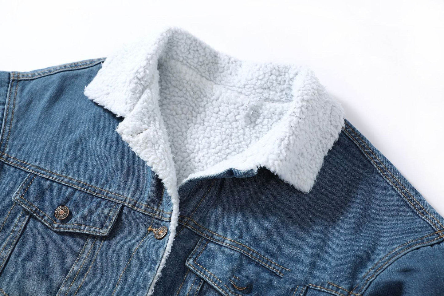 Blue Fleece Lined Denim Jacket 3/4 Sleeve Unisex Jeans Jacket