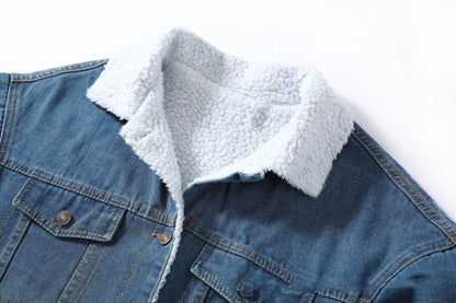 Blue Fleece Lined Denim Jacket 3/4 Sleeve Unisex Jeans Jacket