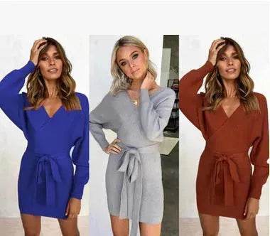 Autumn Winter Slim Fit V-neck Mini Wrap Sweater Dress - www.Shopthatapp.com