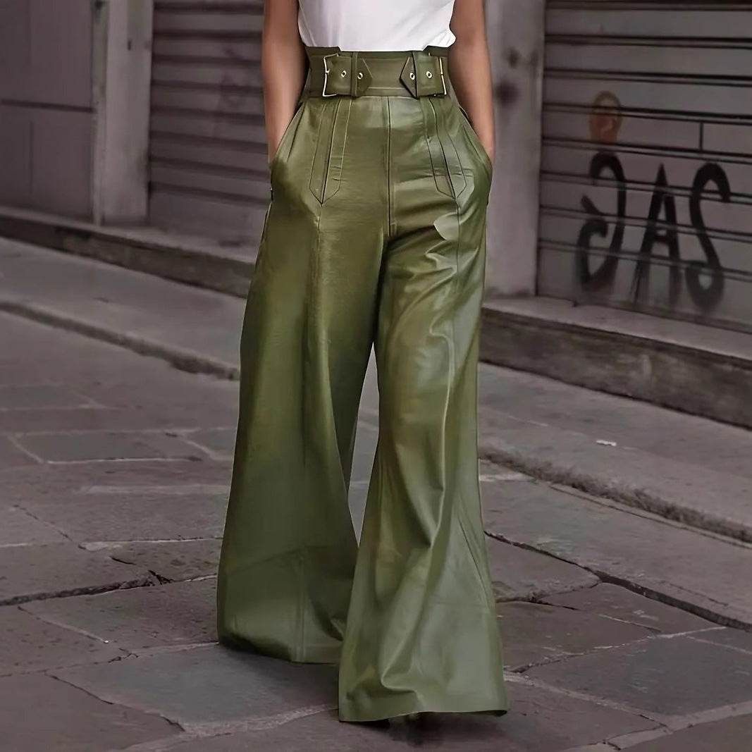 Fashion Leather High Waist Pocket Casual Trousers - www.Shopthatapp.com