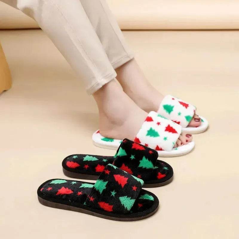 Christmas Tree Home Slippers Fashion Floor Bedroom Open-toe Plush Slippers For Women Fuzzy House Shoes - www.Shopthatapp.com