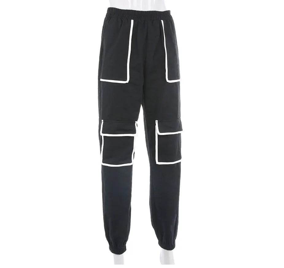 White Stripe Cargo Pants Women Trousers Pockets Patchwork Contrast Color High Waist Pants Hip Hop Capris - www.Shopthatapp.com