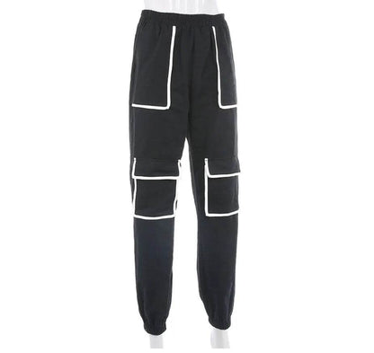White Stripe Cargo Pants Women Trousers Pockets Patchwork Contrast Color High Waist Pants Hip Hop Capris - www.Shopthatapp.com
