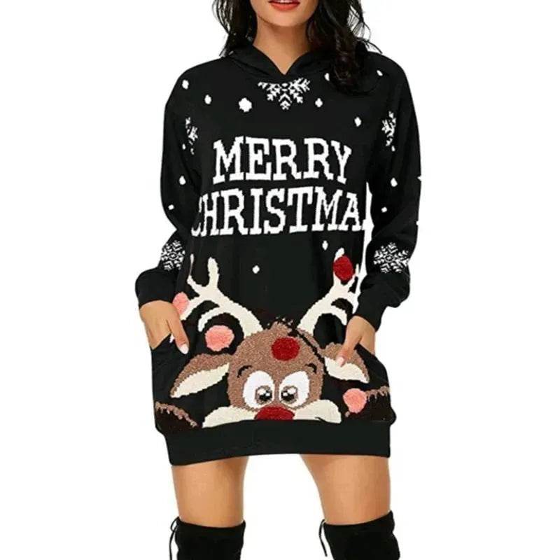 Christmas hot sale printed mid-length pocket hooded long-sleeved sweater - www.Shopthatapp.com