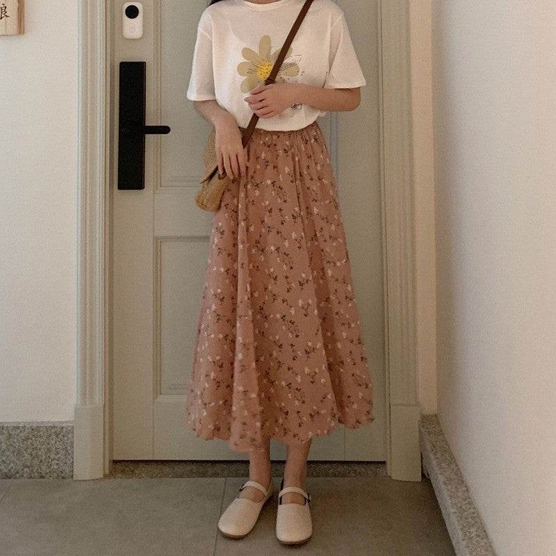 Casual Floral New Fresh High Waist Slimming Korean-style Midi A- Line Skirt - www.Shopthatapp.com