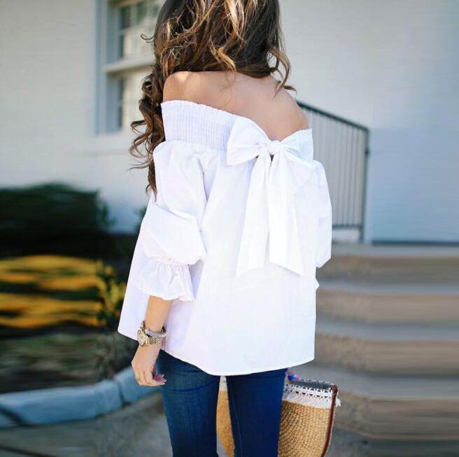 Spring Summer Women Off Shoulder Strapless Blouse top Bowknot Slash Neck Casual Loose Plus Size top - www.Shopthatapp.com