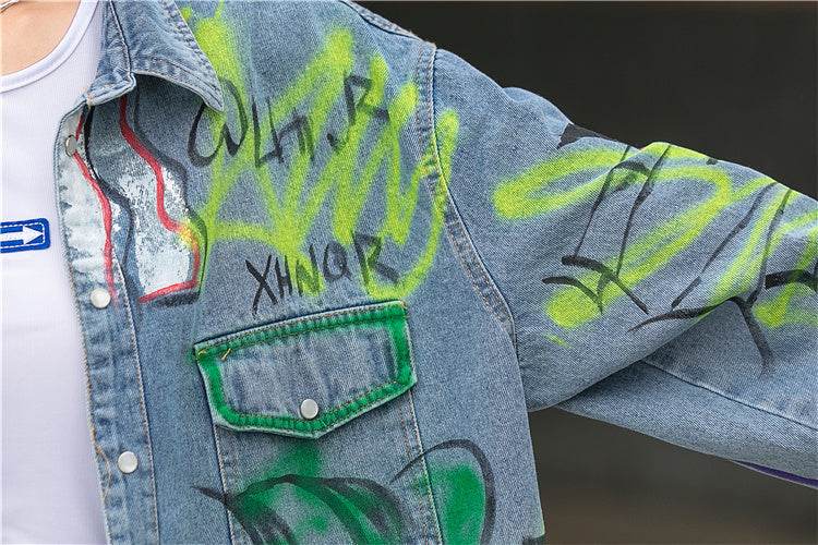 Oversized Graffiti Print Denim Jacket Women Loose Fried Street fashion - www.Shopthatapp.com