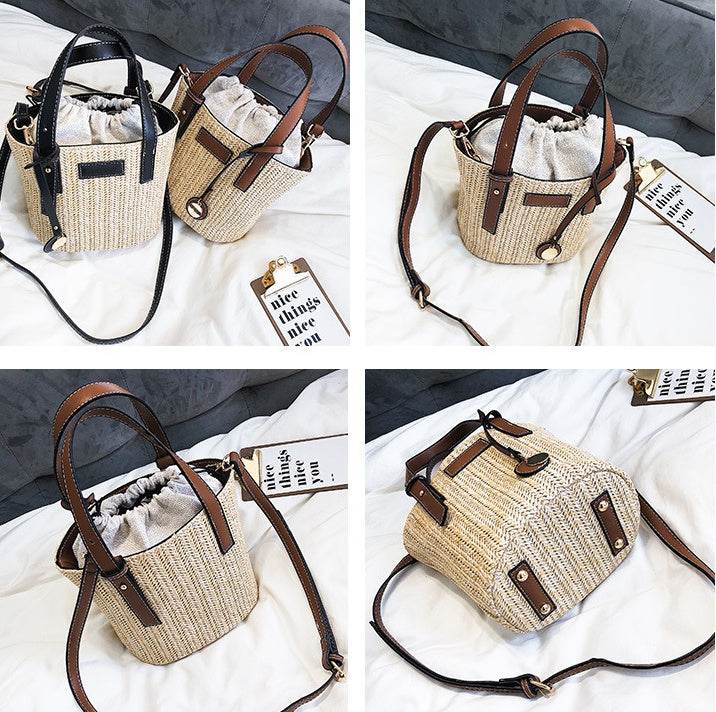 Women's bag hand-woven contrast color bucket straw bag cylinder handbag diagonal shoulder beach bag - www.Shopthatapp.com