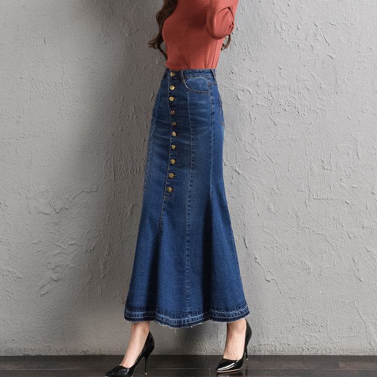 New Fashion Fitted Button up Mermaid Midi Denim Skirt - www.Shopthatapp.com