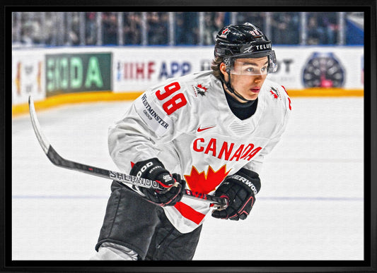 Connor Bedard 20x29 Framed Canvas Canada White Action-H - www.Shopthatapp.com
