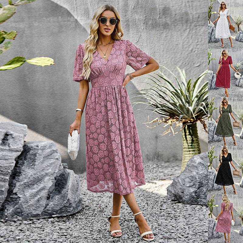 Fashion V-neck Lace Dress Summer Elegant Short Sleeve Long Dresses For Women - www.Shopthatapp.com