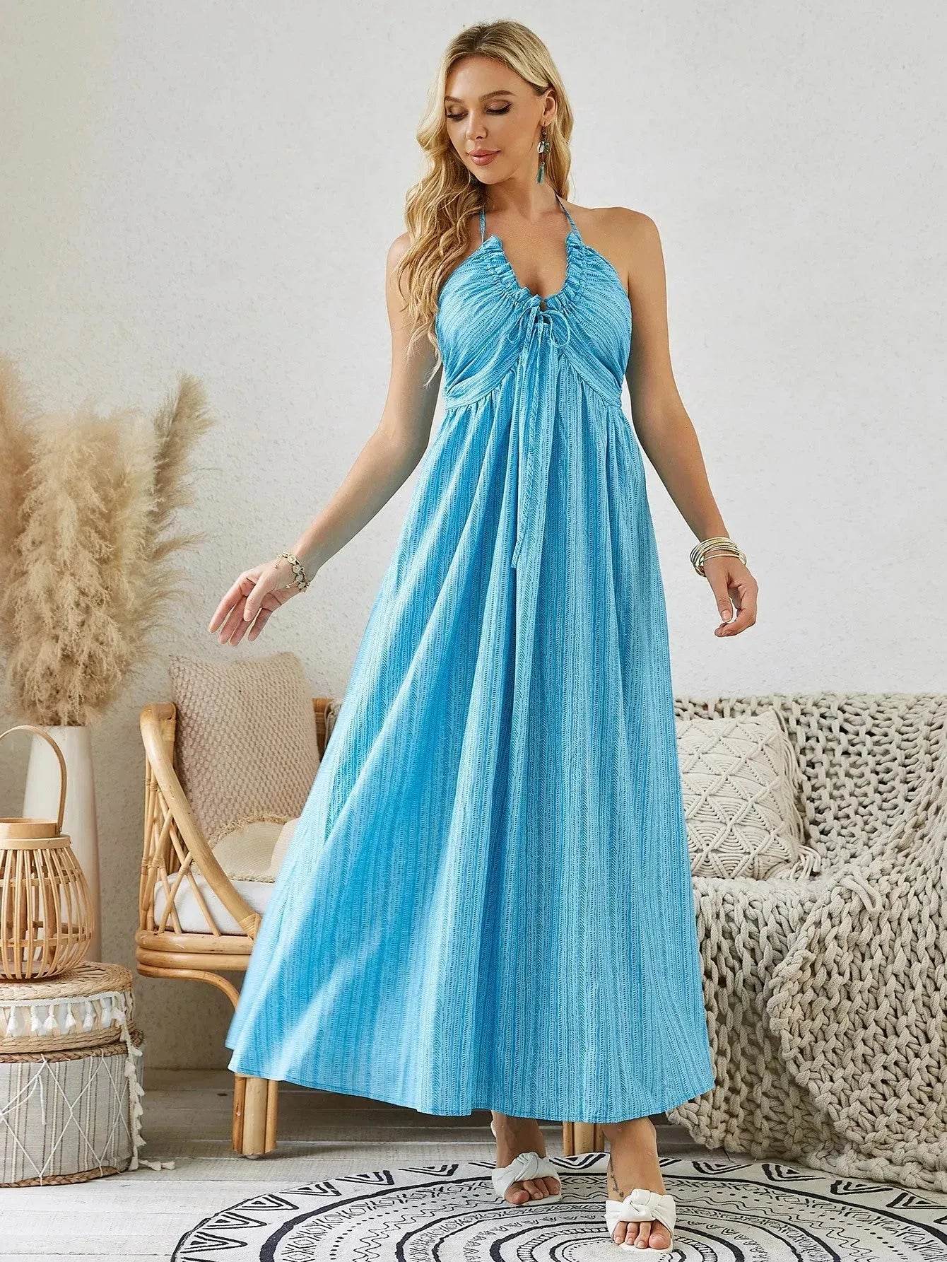 Bohemian Halter Maxi Dress - Women's Summer Sleeveless Flowy Beach Dress - www.Shopthatapp.com