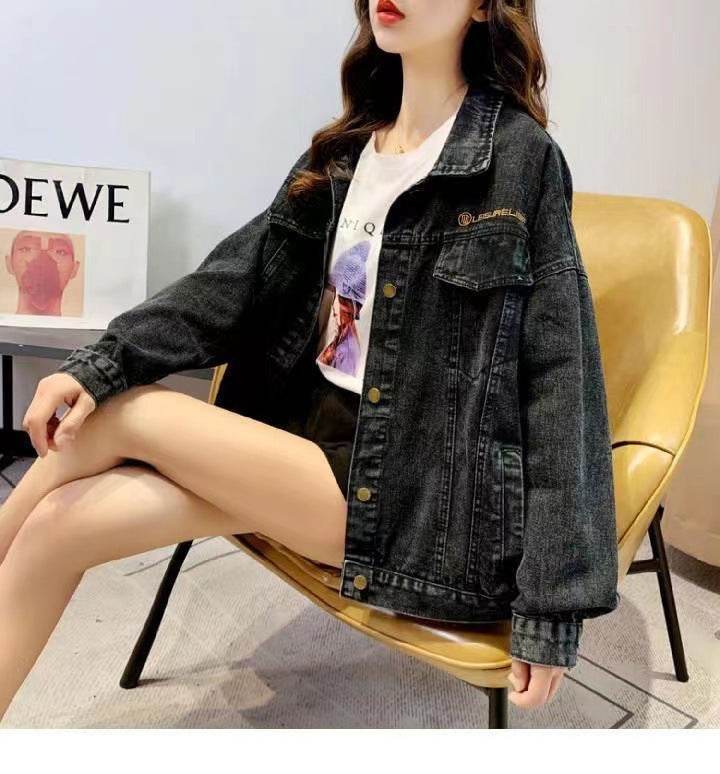 Loose Embroidered Lettered Black Denim Jacket Slimming Jacket Coat For Women - www.Shopthatapp.com