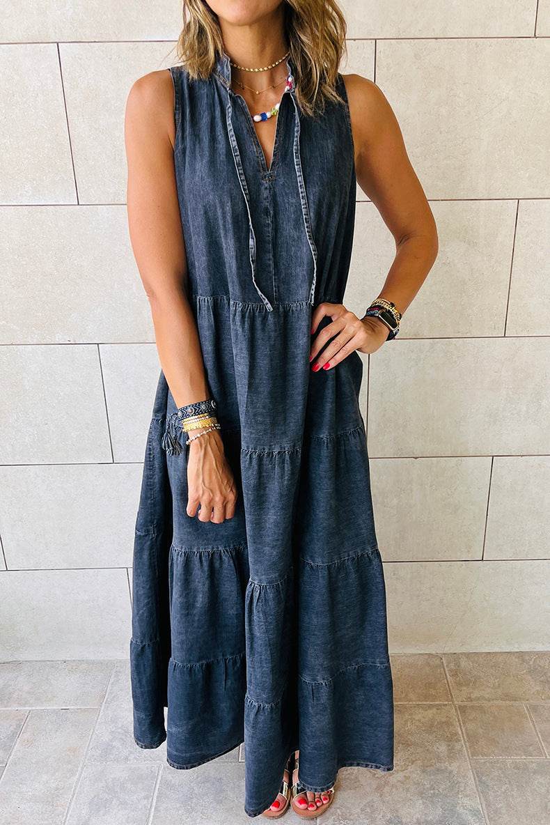 Women's Sleeveless Denim Fashion Retro High Waist Layered Dress - www.Shopthatapp.com