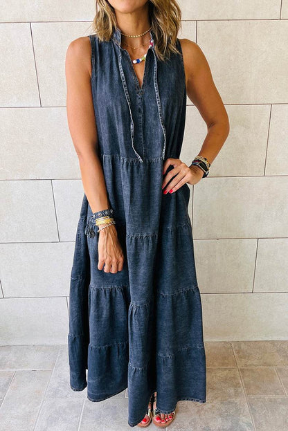Women's Sleeveless Denim Fashion Retro High Waist Layered Dress - www.Shopthatapp.com