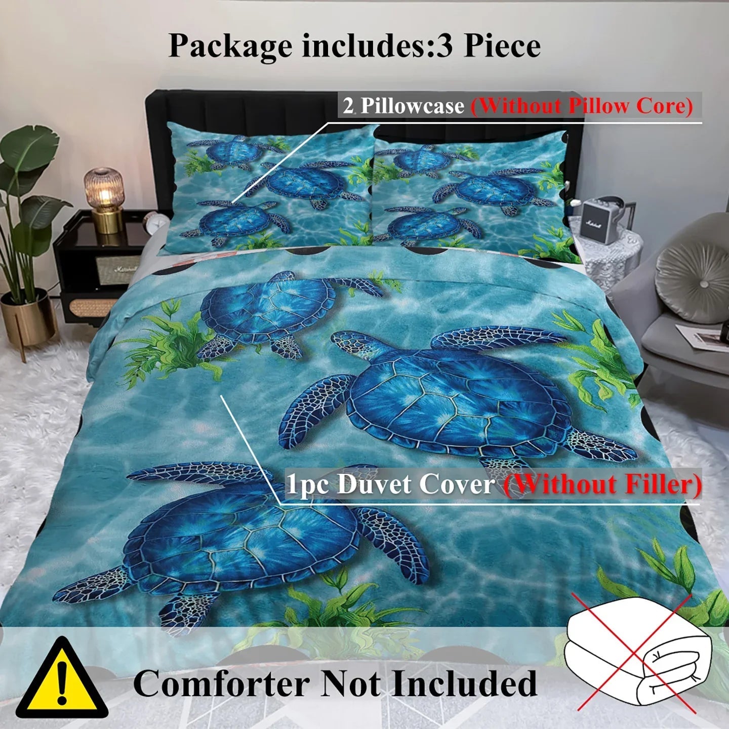 Sea Turtle Pattern Duvet Cover Set 3 Pieces King Size Soft Bedding Set With 2 Pilowcases With Zipper Closure For Home Bedroom For All Seasons - www.Shopthatapp.com