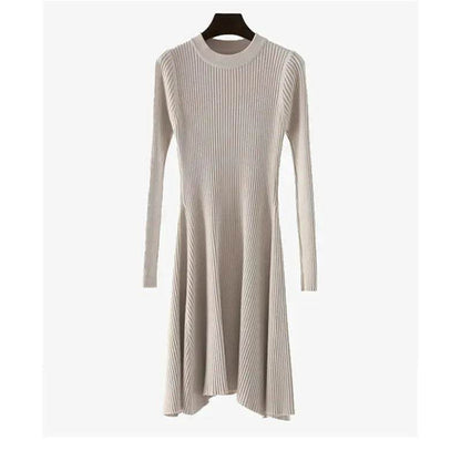 Autumn Winter Round neck Slim fit Mini Flared Sweater Dress - www.Shopthatapp.com