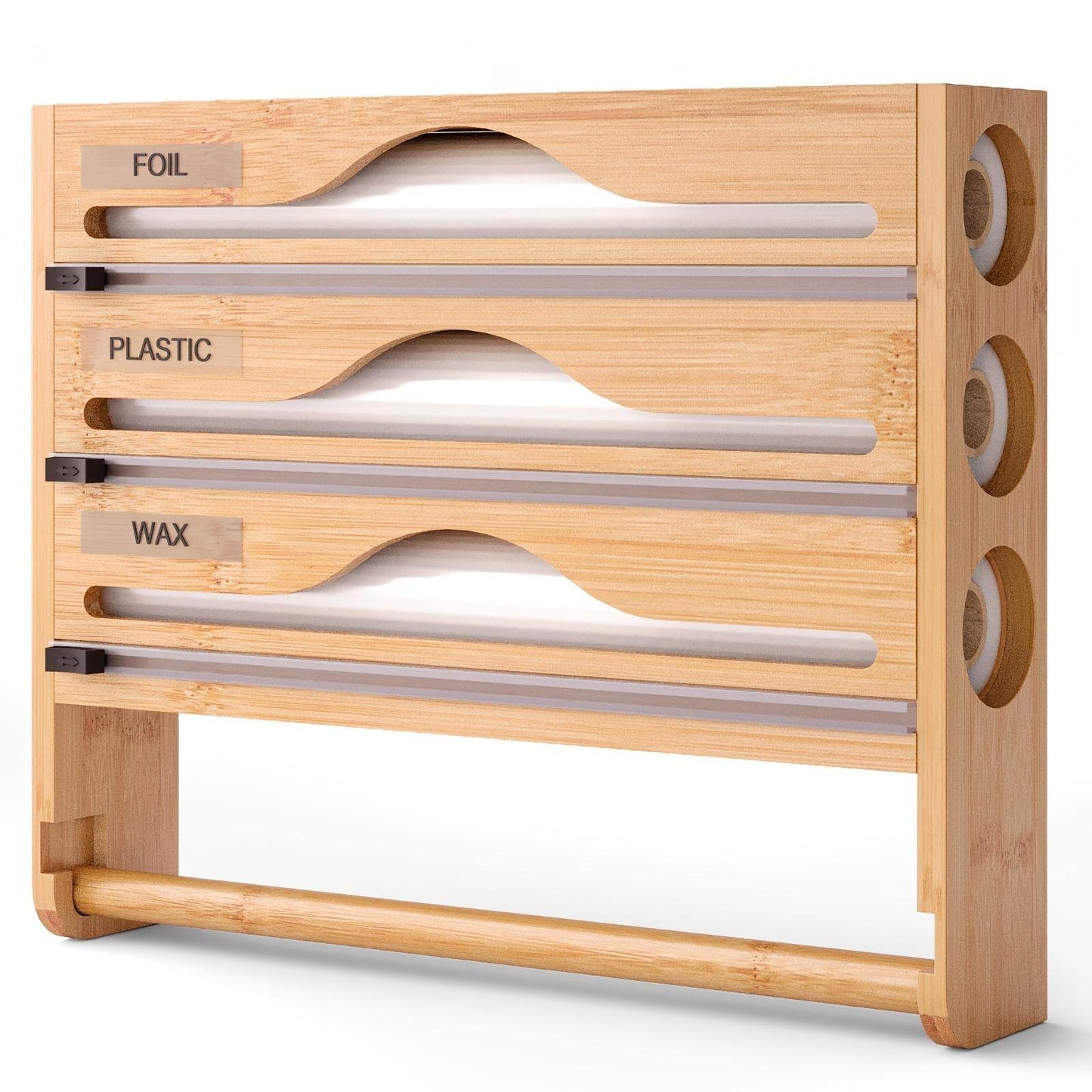 3 grid Bamboo Wood Wall Mounted Food Wrap Dispenser - www.Shopthatapp.com