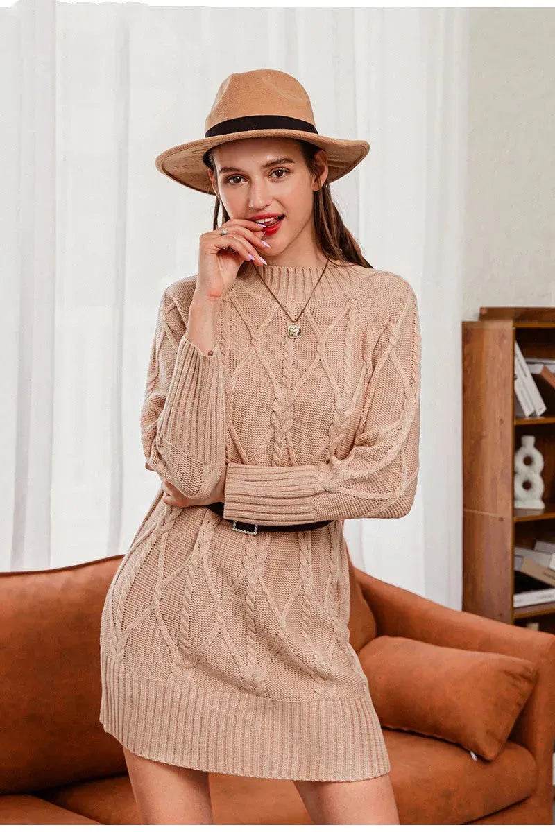 Autumn Winter Round Neck Mini Knitted Wool Sweater Dress - www.Shopthatapp.com