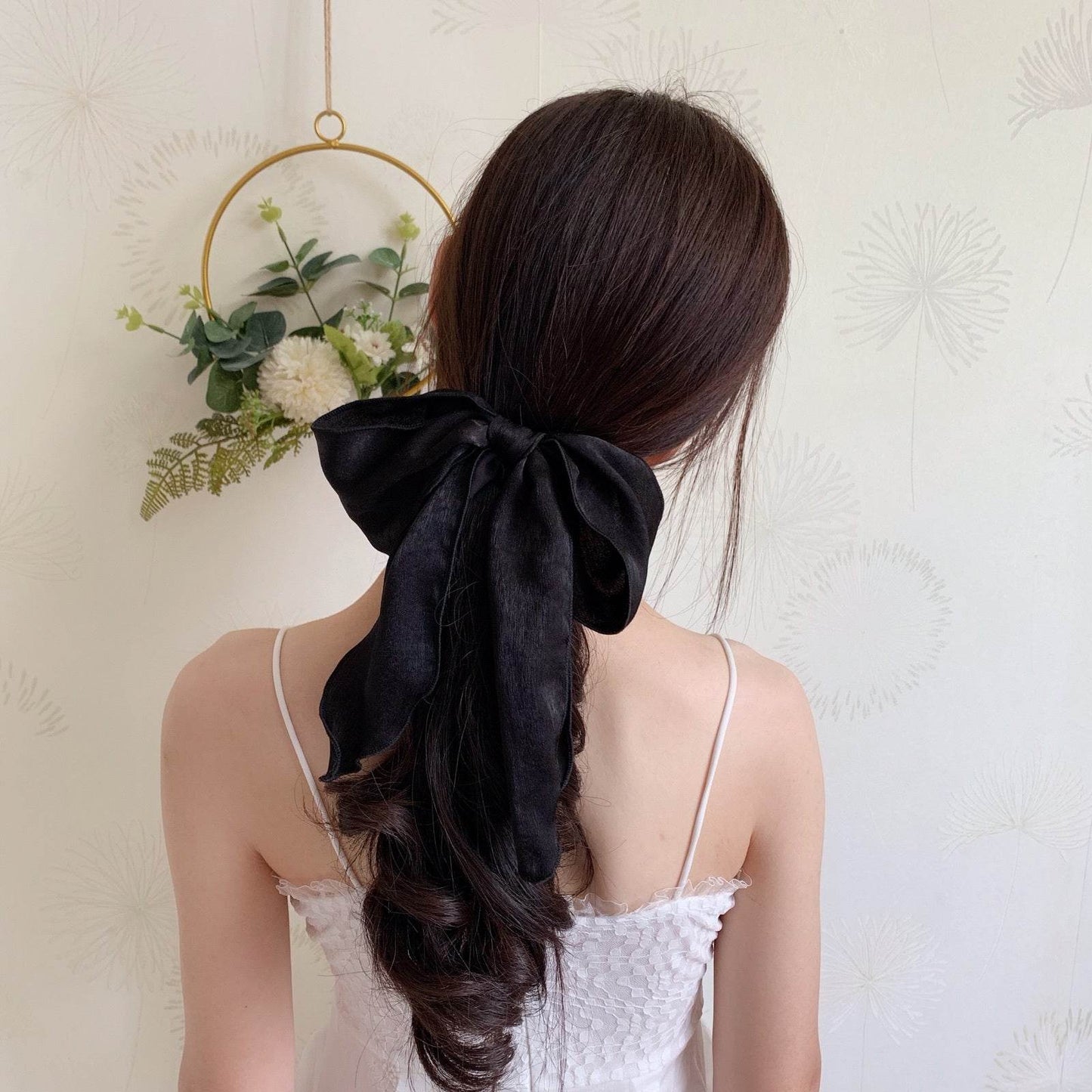 Silk satin oversized bow tie Hair Scrunchies ponytail Holder - www.Shopthatapp.com