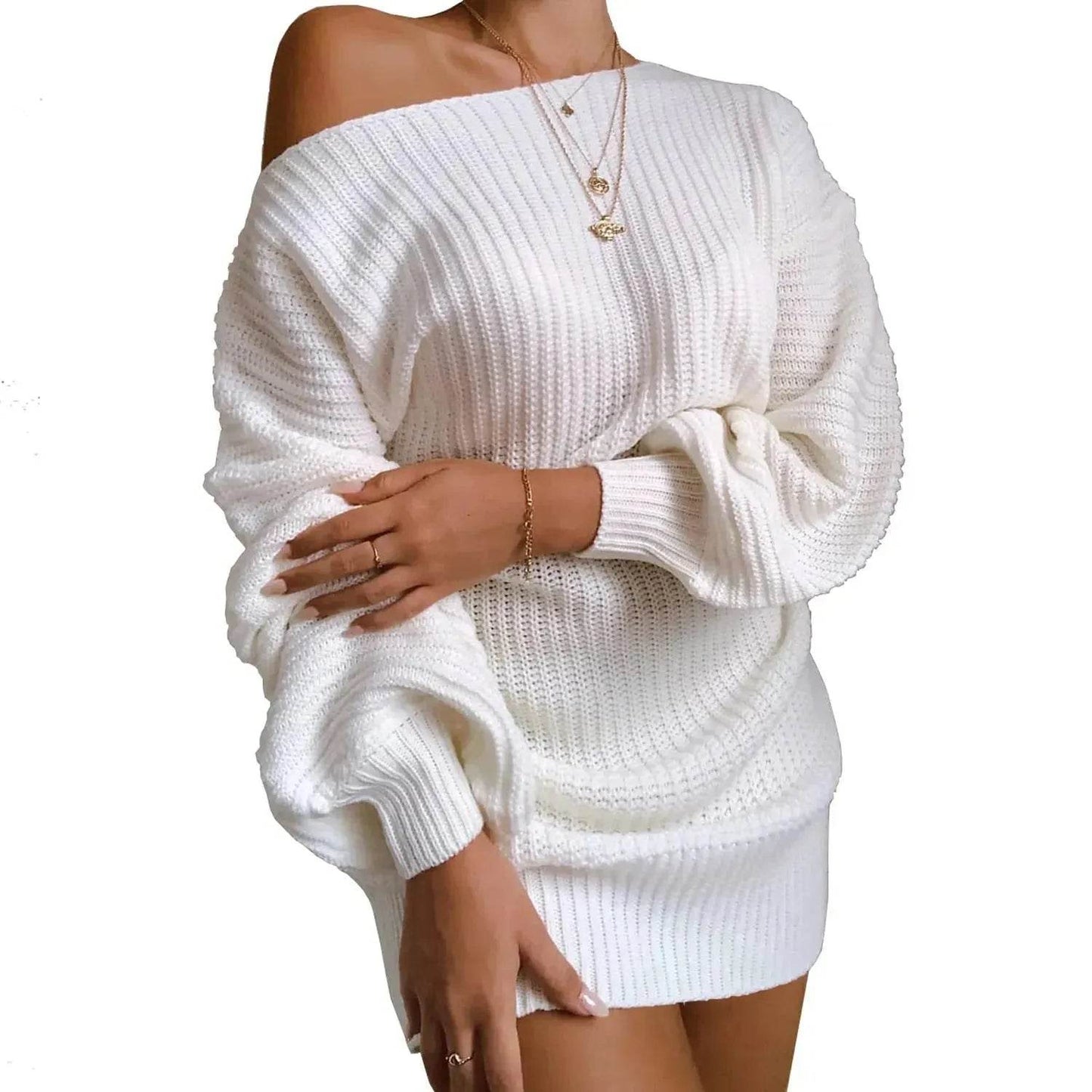 Autumn Winter Slant Shoulder Off Lantern sleeve Mini knitted wool sweater dress - www.Shopthatapp.com