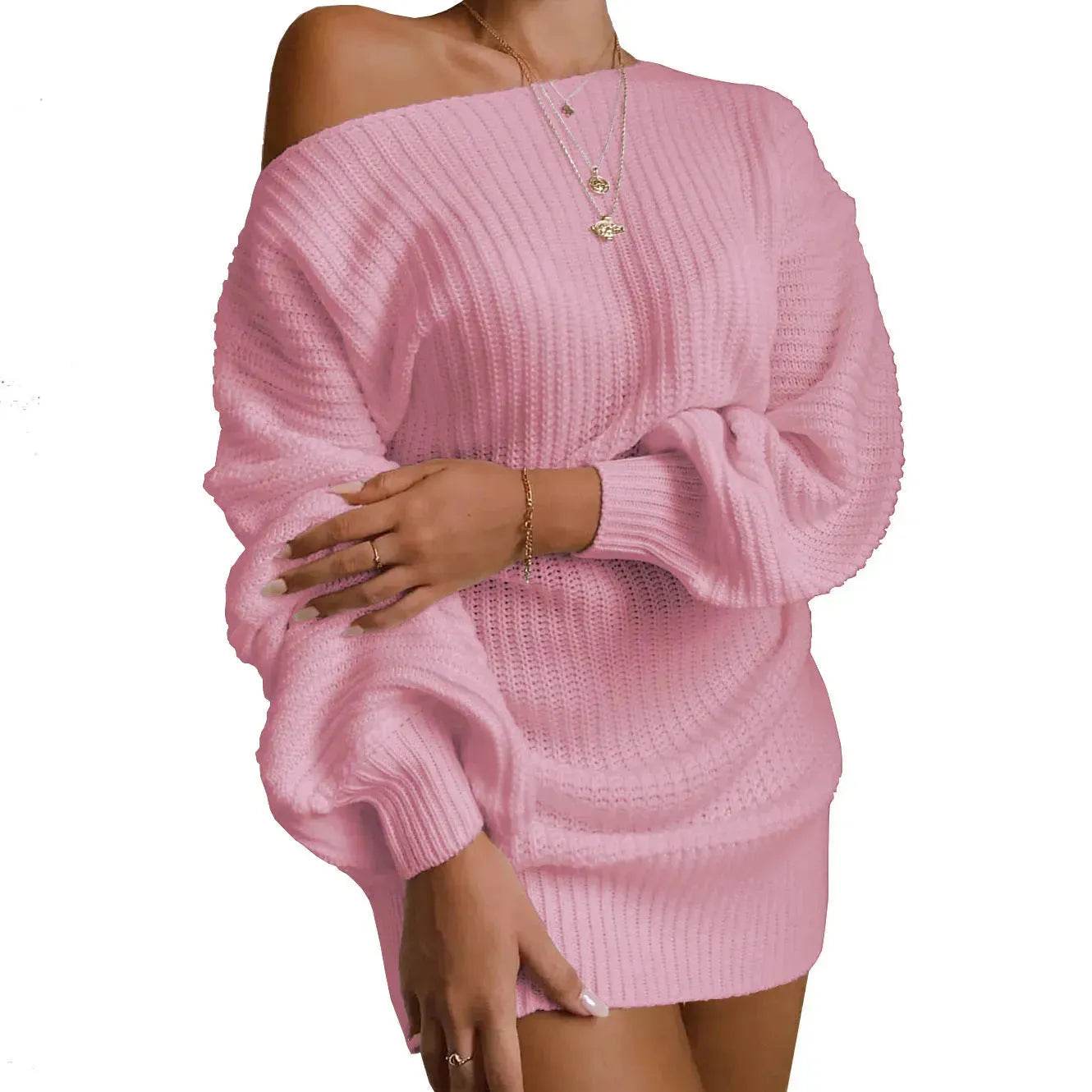 Autumn Winter Slant Shoulder Off Lantern sleeve Mini knitted wool sweater dress - www.Shopthatapp.com