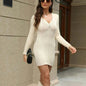 Bodycon V-Neck Long Sleeve Winter Knit Dress Ins Fashion Solid Color Casual  Mini Dress Women's - www.Shopthatapp.com