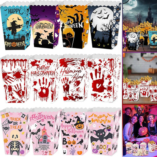 12Pcs Halloween Popcorn Box 3 Style Trick Or Treating Snack Treat Box Bloodstain Ghost Castle Bat Pattern Candy Cookie Container For Halloween Party Supplies - www.Shopthatapp.com #