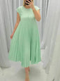 Women Summer Pleated Maxi Dress Casual Short Sleeve Crewneck Flowy Swing Long Dress with Pockets - www.Shopthatapp.com
