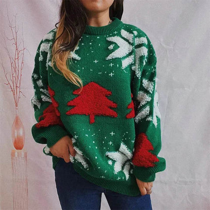 Women's Fashion Christmas Tree Jacquard Round Neck Long Sleeve Pullover Sweater top - www.Shopthatapp.com