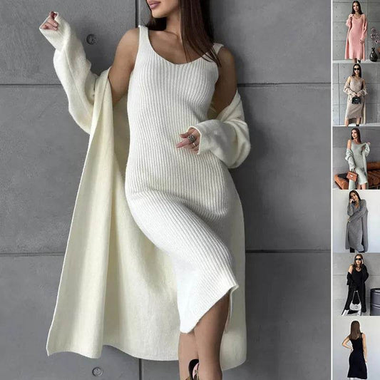 Women 2pcs Winter outfit set  Long dress Cashmere Long Cardigan Jacket - www.Shopthatapp.com