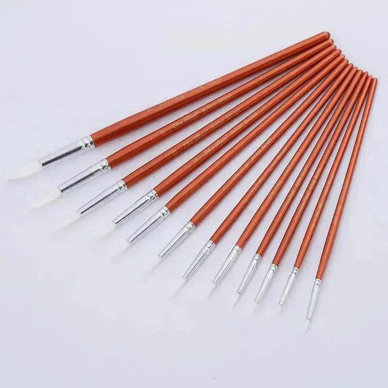 12Pcs  Lot Round Shape Nylon Hair Wooden Handle Paint Brush Set Tool For Art School Watercolor Acrylic Painting - www.Shopthatapp.com