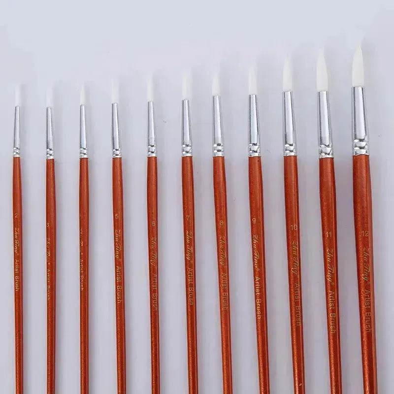 12Pcs  Lot Round Shape Nylon Hair Wooden Handle Paint Brush Set Tool For Art School Watercolor Acrylic Painting - www.Shopthatapp.com