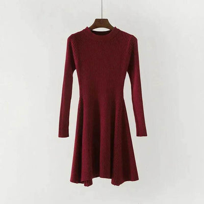 Autumn Winter Round neck Slim fit Mini Flared Sweater Dress - www.Shopthatapp.com