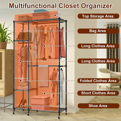 1Pc 4 Tier Heavy Duty Garment Rack With Wheels Carbon Steel Clothing Rack Portable Wardrobe Clothes Rack With 3 Hanging Rods 6 Footrests 44.9x17.13x77.95in - www.Shopthatapp.com