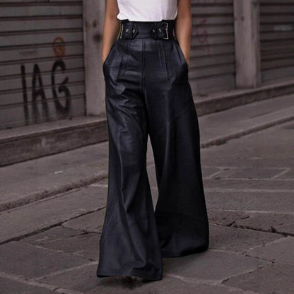 Fashion Leather High Waist Pocket Casual Trousers - www.Shopthatapp.com